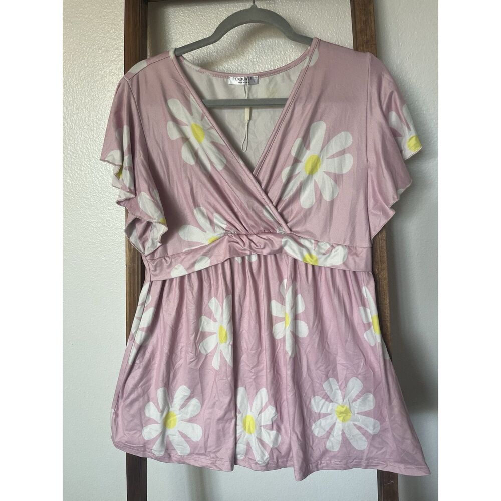 Nursing/Maternity Pink Floral Robe Short Sleeve Tie Waist Women's Size L